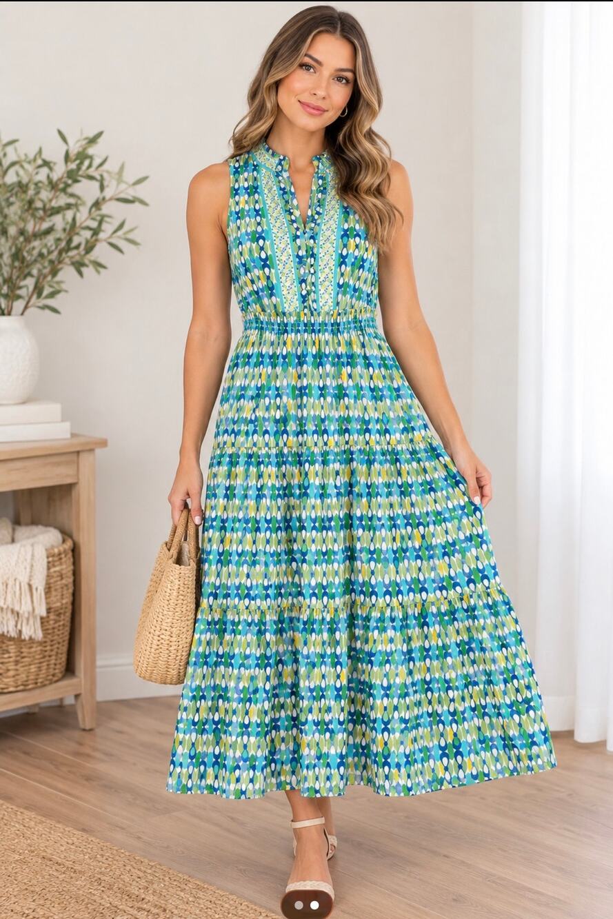 London Times Women’s Size 12 Blue Green Geometric Tiered Maxi Dress Sleeveless